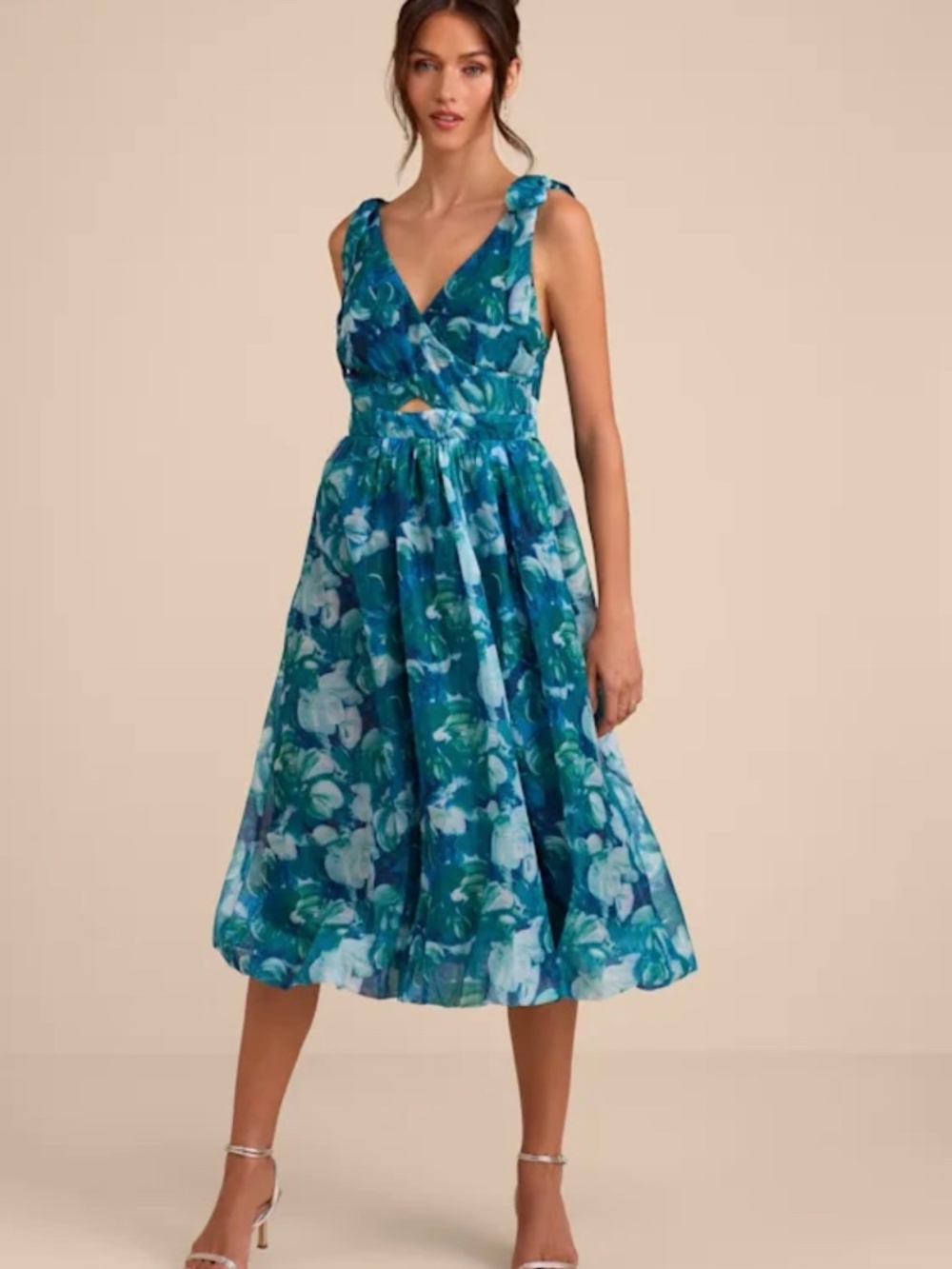 NWT Lulus Flowering Day Dream Teal Blue Floral Organza Midi Dress - Size Medium